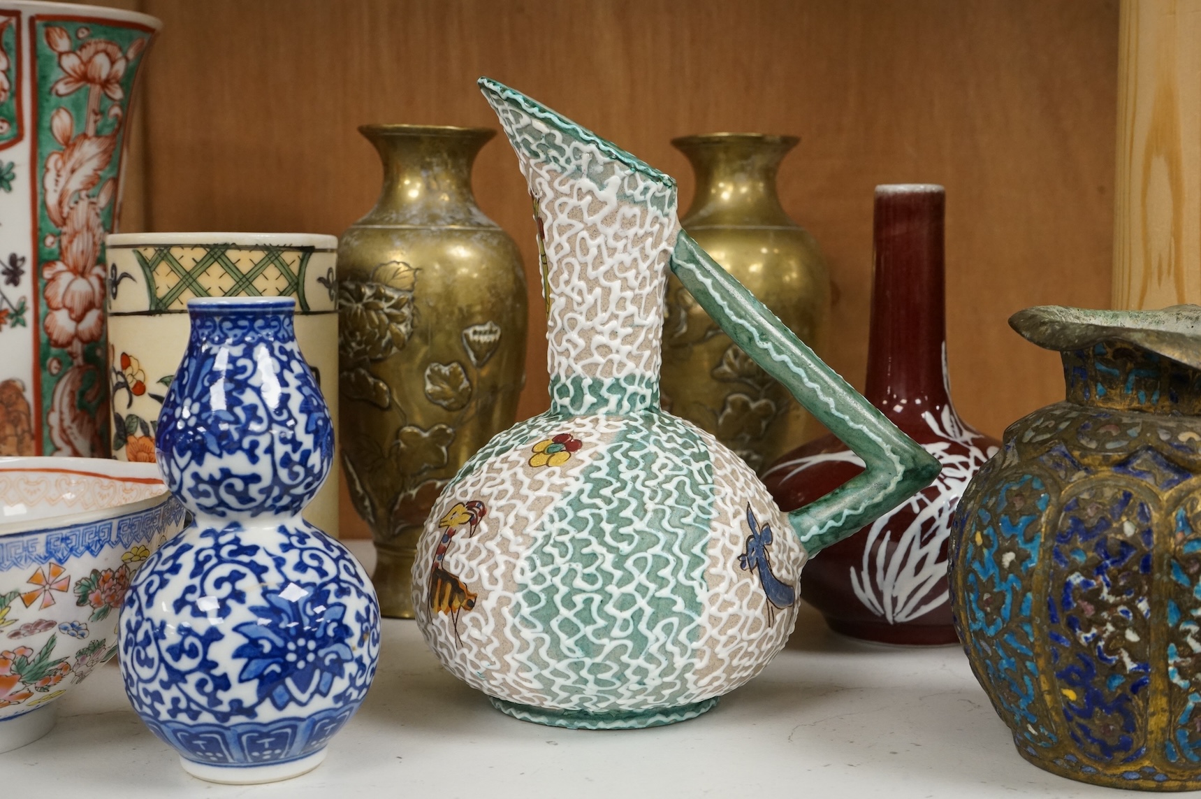 Chinese and Japanese items to include an early 20th century Chinese eggshell porcelain bowl and an enamelled bronze vase, largest 19cm high